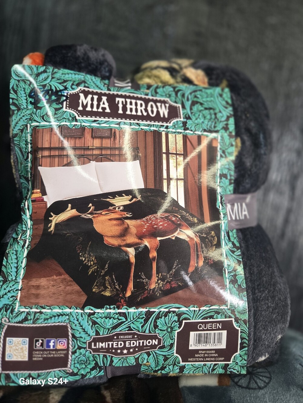 MIA Plush Throw Blanket - Black with Deer Motif